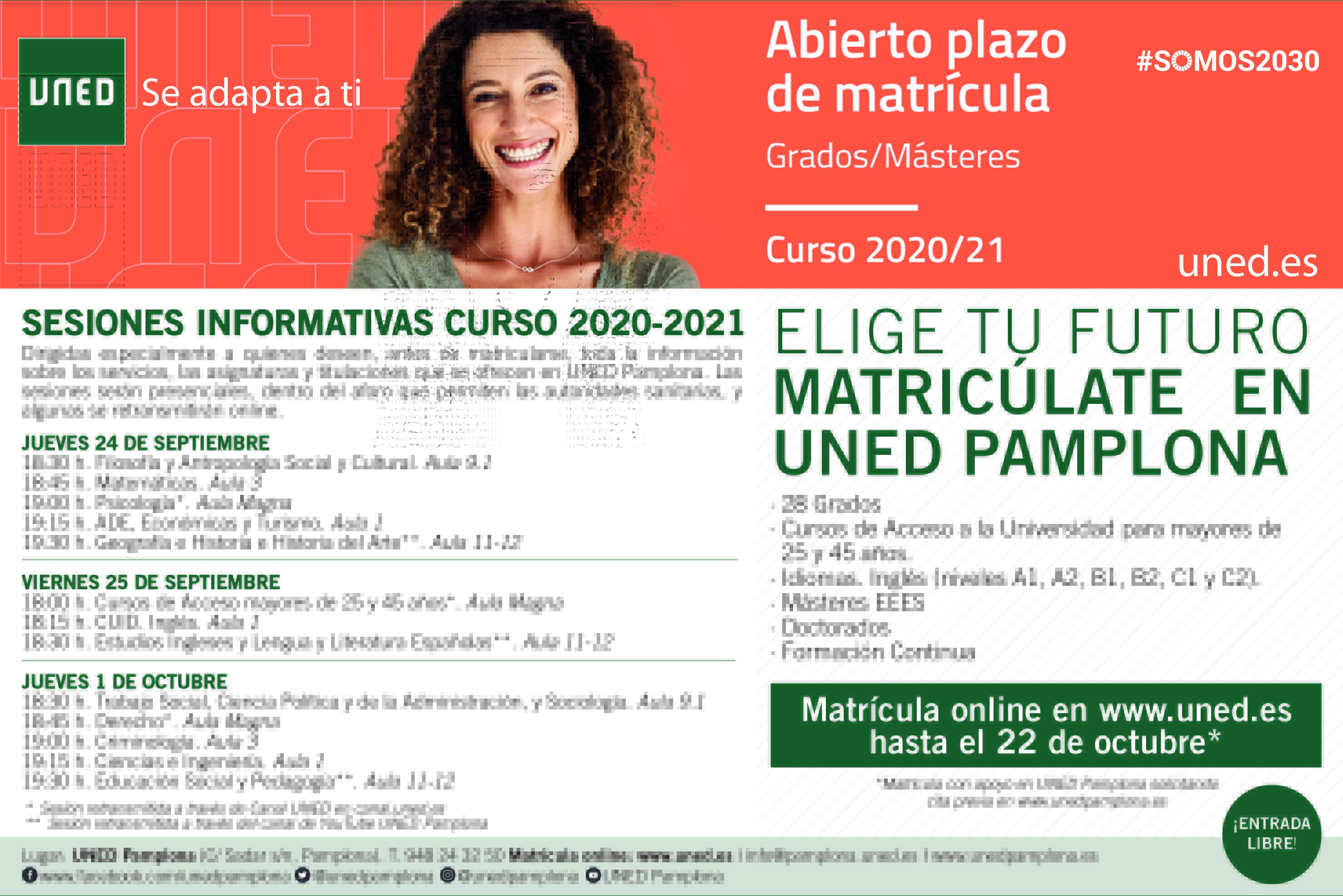 Esta tarde, nuevas sesiones informativas de Grados en UNED Pamplona 
